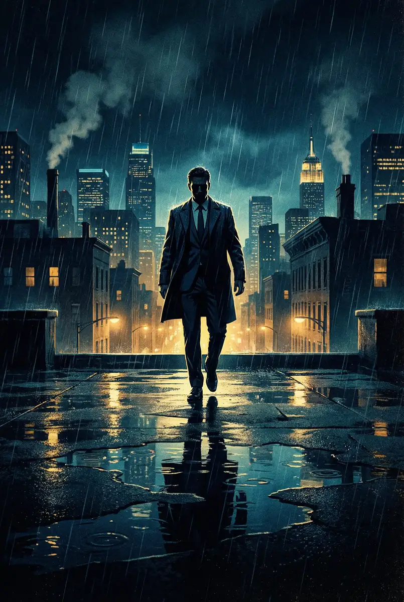 濑亚美莉qvod 出品影片《雨夜独行者》海报，雨中城市屋顶男性剪影
